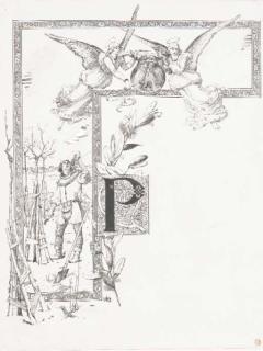 Luc-Olivier Merson - La lettre P encadrée, avec un fermier regardant vers deux anges sonnant une cloche: une étude pour une enluminure