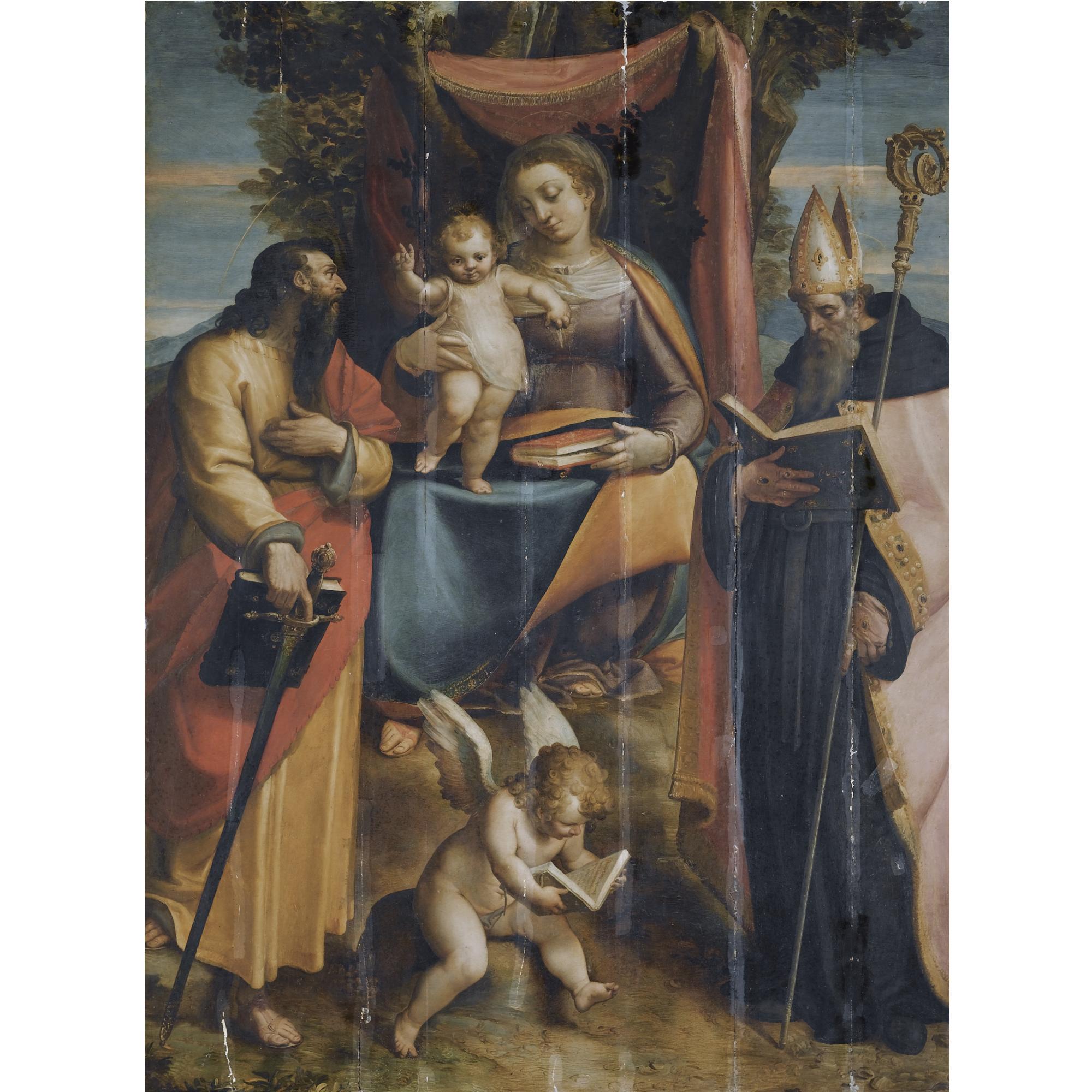 Luca Cambiaso - A \'Sacra Conversazione\': The Madonna And Child With Saints Paul And Augustine, A Putto Reading At Their Feet