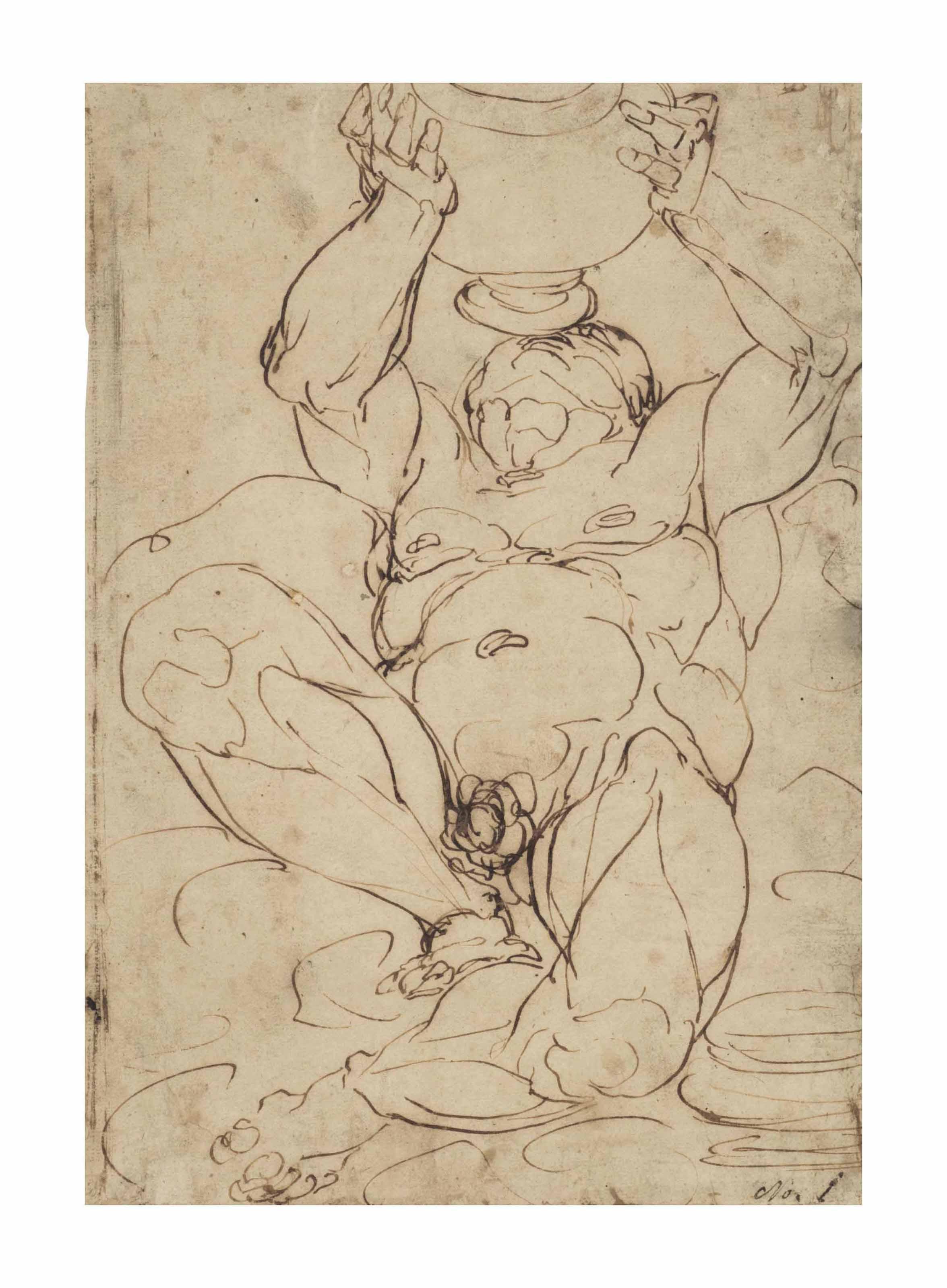 Luca Cambiaso - Silenus drinking from a great vase held above his head
