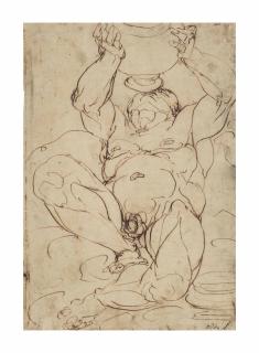 Luca Cambiaso - Silenus drinking from a great vase held above his head