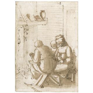 Luca Cambiaso - The Holy Family Seated Before A Hearth