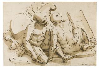 Luca Cambiaso - Two Seated Naked Soldiers, Their Shields Lying Beside Them