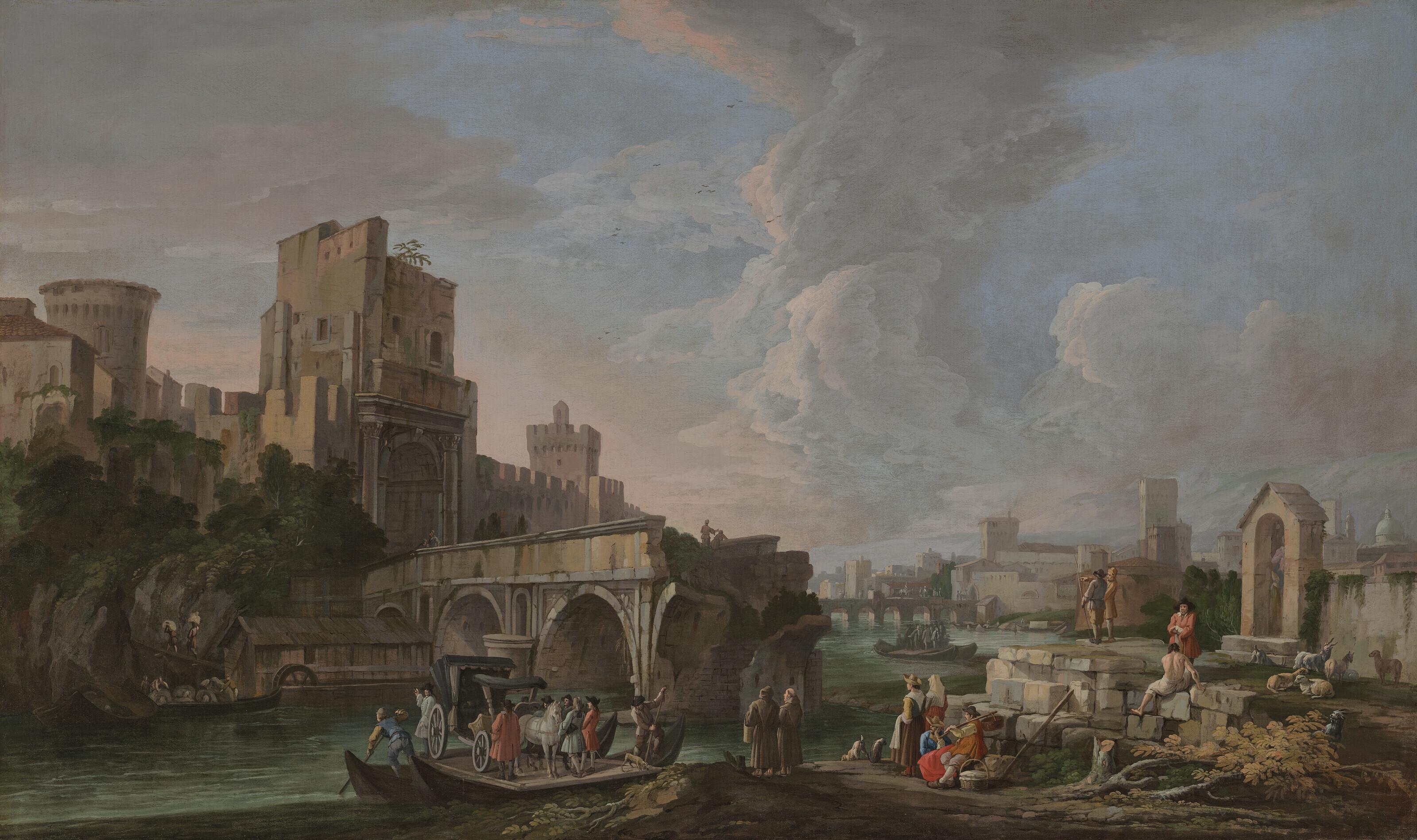 Luca Carlevarijs - A river landscape with a capriccio view of the Ponte Rotto, figures resting near a shrine in the foreground, a town beyond