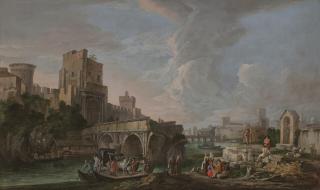 Luca Carlevarijs - A river landscape with a capriccio view of the Ponte Rotto, figures resting near a shrine in the foreground, a town beyond