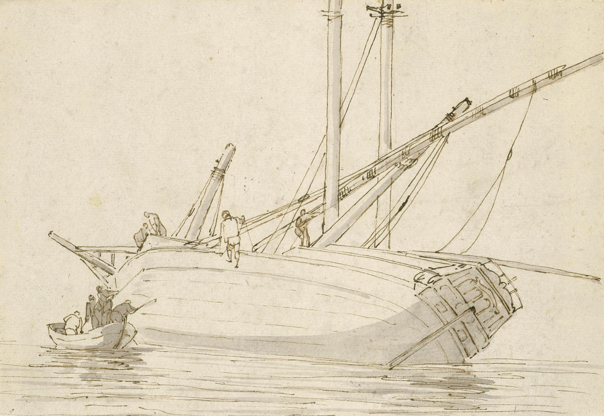 Luca Carlevarijs - A Sailing Vessel Being Careened