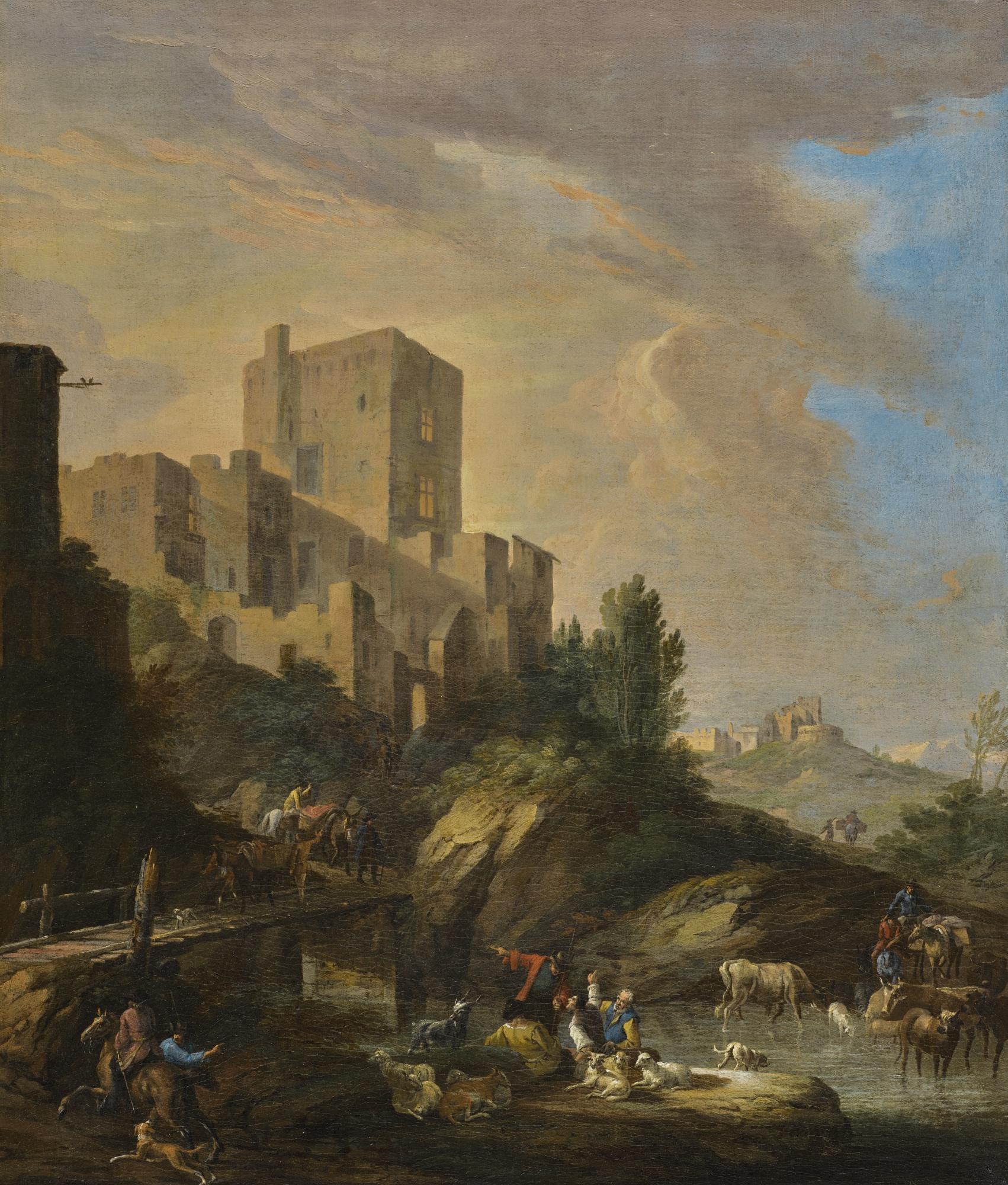 Luca Carlevarijs - An Italianate Landscape With A Castle On A Hill, And Figures With Animals In The Water And Crossing A Bridge In The Foreground