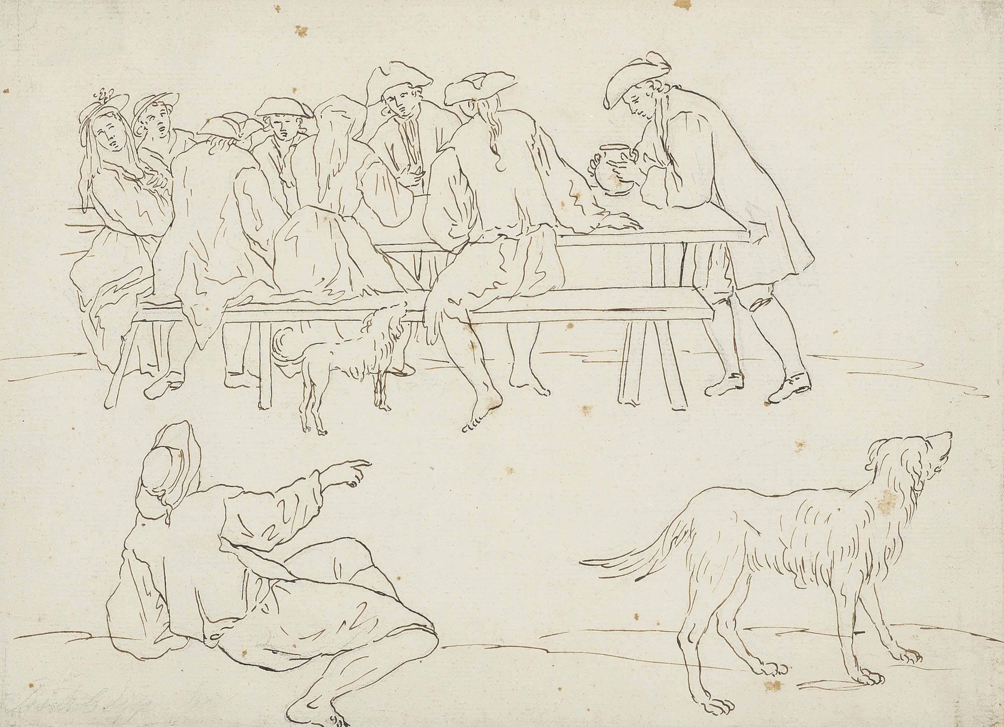 Luca Carlevarijs - Peasants At A Table, A Dog In The Foreground