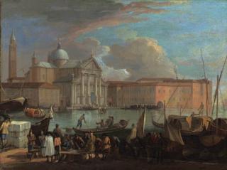 Luca Carlevarijs - San Giorgio Maggiore, Venice, with a fish market