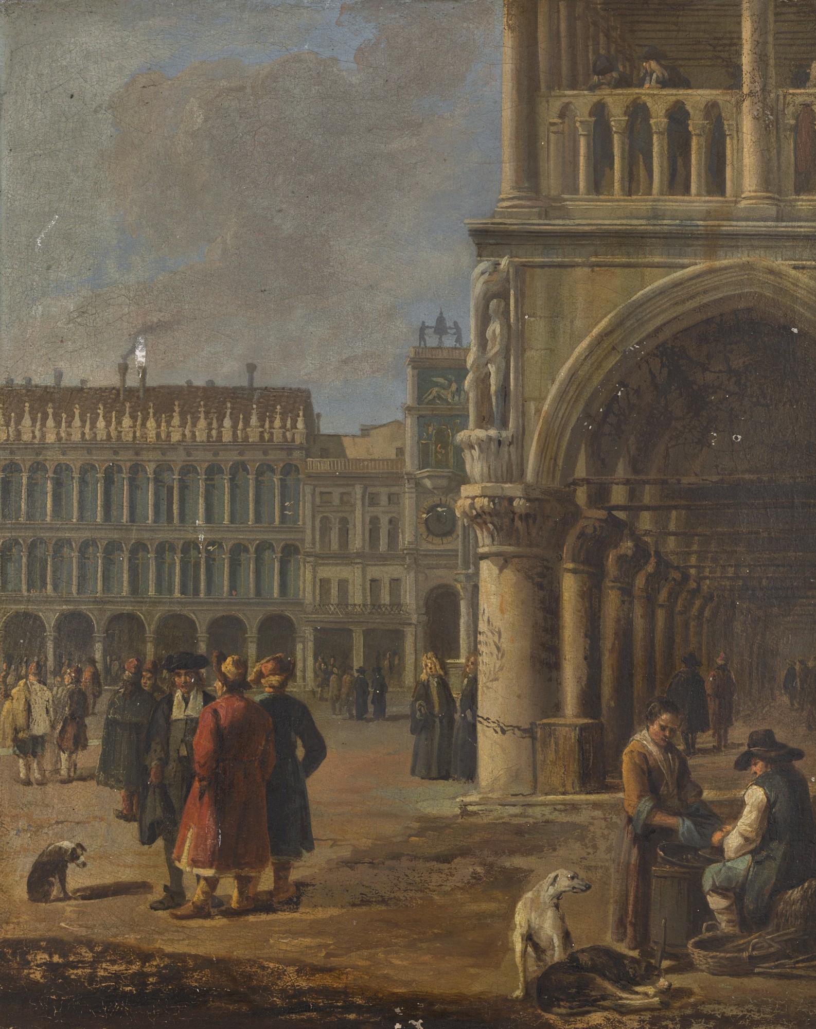 Luca Carlevarijs - Venice, A View Of A Corner Of St. Mark\'S Square, With Peasants And Dogs To The Right And Other Figures, Some In Oriental Dress, To The Left