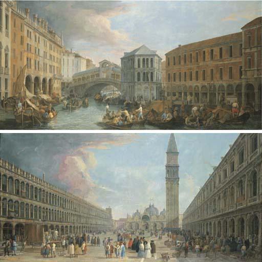 Luca Carlevarijs - Venice: The Rialto Bridge from the North; and The Piazza San Marco