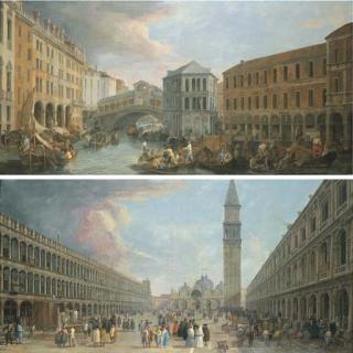 Luca Carlevarijs - Venice: The Rialto Bridge from the North; and The Piazza San Marco