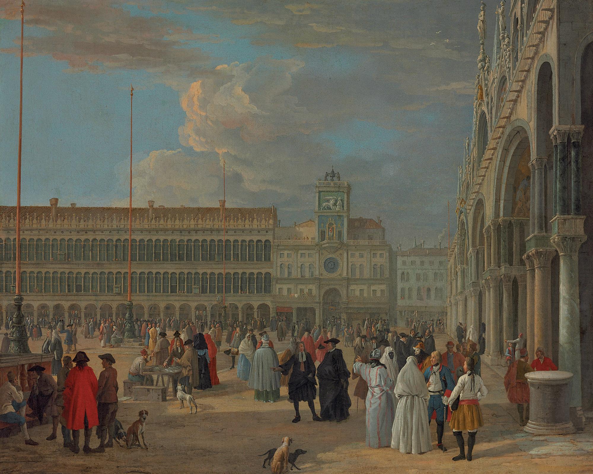 Luca Carlevarijs - View of Piazza San Marco with the Torre dell\'Orologio, Venice
