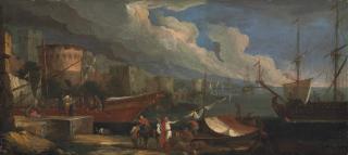 Luca Carlevaris - A Coastal Landscape With Figures Conversing On The Harbour And Anchored Ships Beyond
