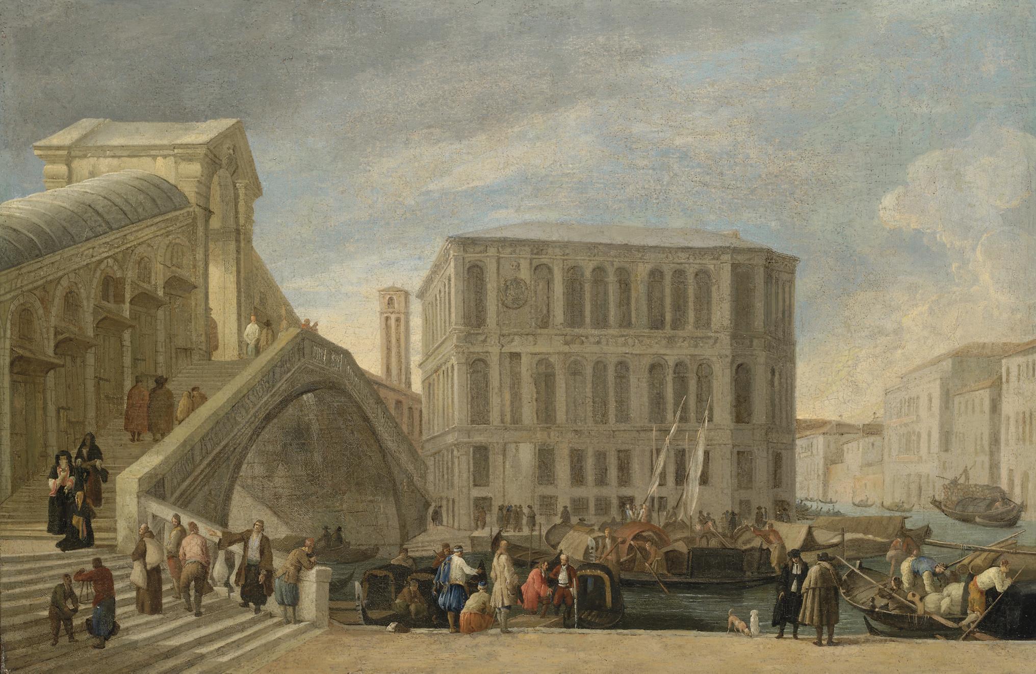 Luca Carlevaris - The Rialto Bridge on the Grand Canal, Venice, with the Palazzo dei Camerlenghi