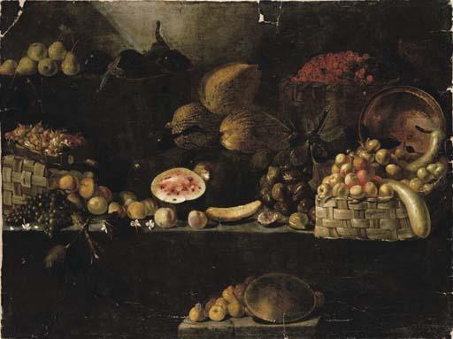 Luca Forte - A basket of apples, calabashes, an upturned copper vessel, figs, melons, with other fruit on rocky ledges