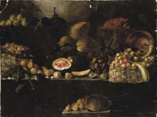 Luca Forte - A basket of apples, calabashes, an upturned copper vessel, figs, melons, with other fruit on rocky ledges
