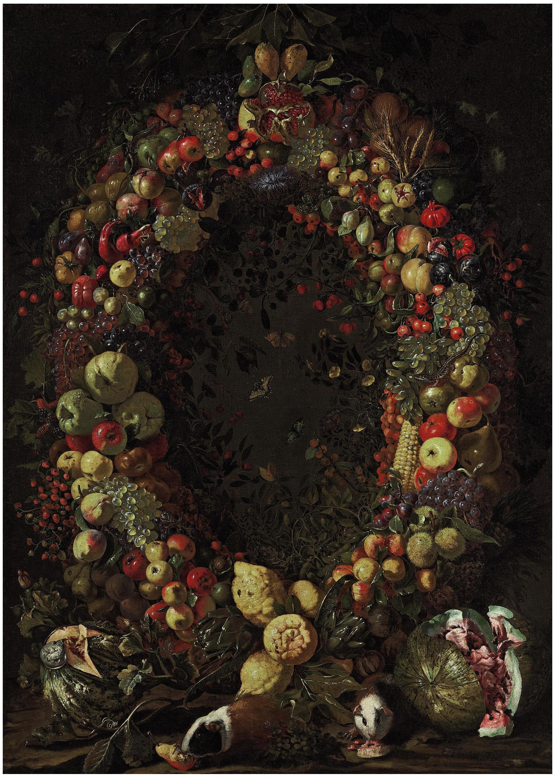 Luca Forte - A garland of fruit with guinea pigs and watermelons