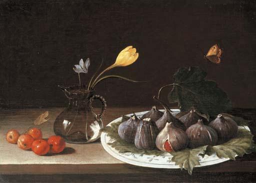 Luca Forte - A vase with a crocus and a cyclamen, figs in a porcelain dish and crab apples on a stone ledge, with a butterfly