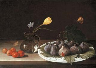 Luca Forte - A vase with a crocus and a cyclamen, figs in a porcelain dish and crab apples on a stone ledge, with a butterfly