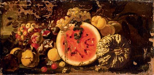 Luca Forte - A watermelon and a melon, quince, peaches, crabapples, grapes and figs in a landscape