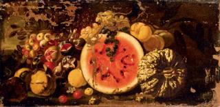 Luca Forte - A watermelon and a melon, quince, peaches, crabapples, grapes and figs in a landscape