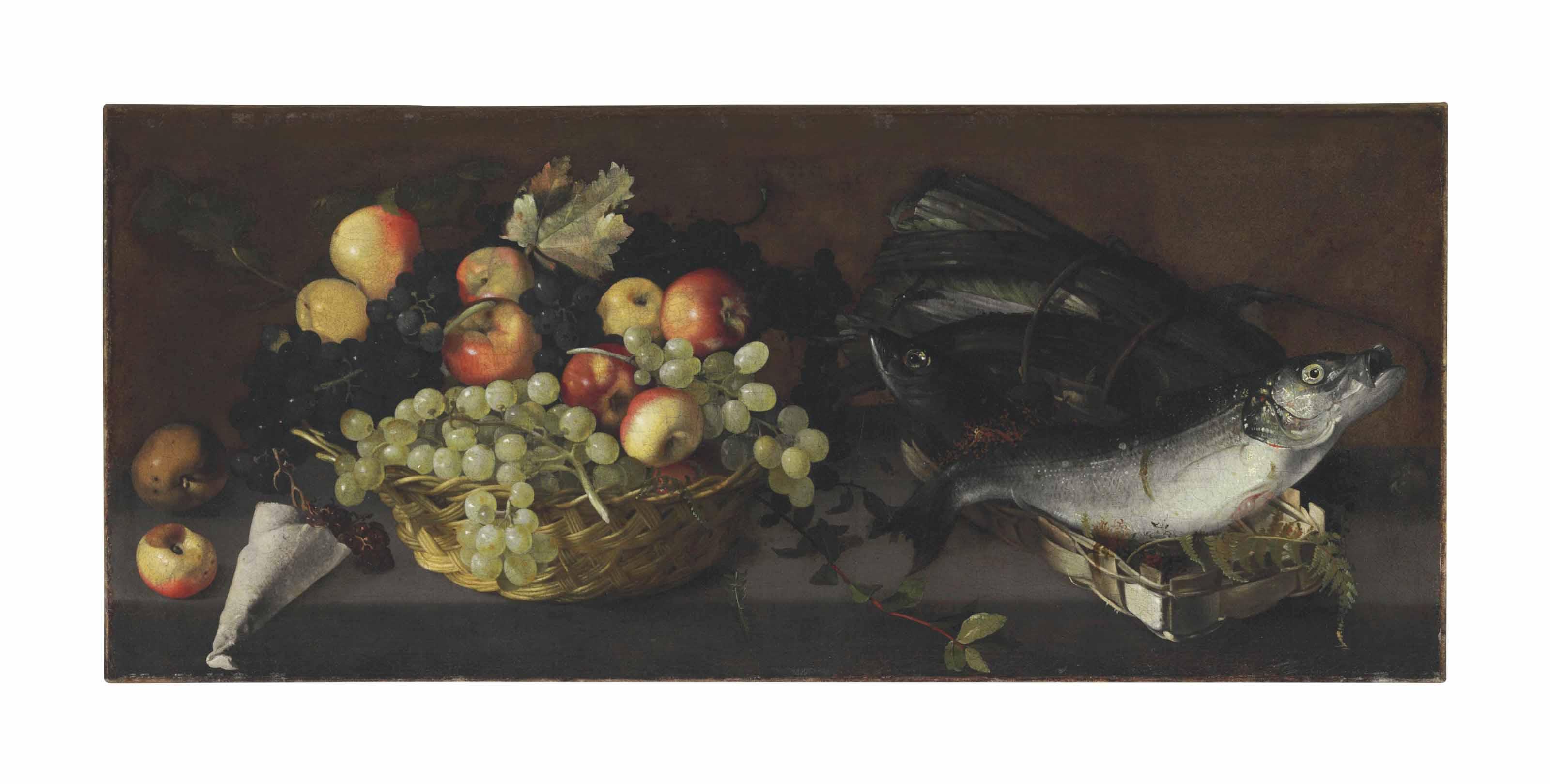Luca Forte - Apples and grapes in a basket with fish on a stone ledge