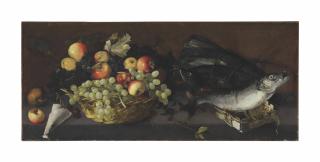 Luca Forte - Apples and grapes in a basket with fish on a stone ledge