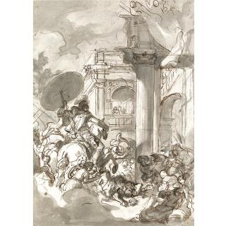 Luca Giordano - A Monarch Falling In Front Of Two Men On Horseback At The Entrance Of A Palace Crowded With People