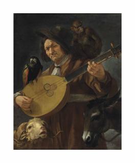 Luca Giordano - An Allegory: a man playing the calascione surrounded by a monkey, a parrot, a donkey and a ram