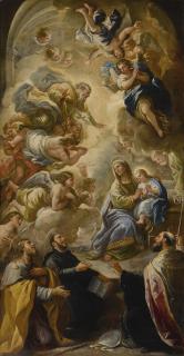 Luca Giordano - Saint Anne And The Young Virgin Blessed By God The Father And The Holy Ghost With Saints Sebastian, James The Greater, Ignatius And Another Male Saint