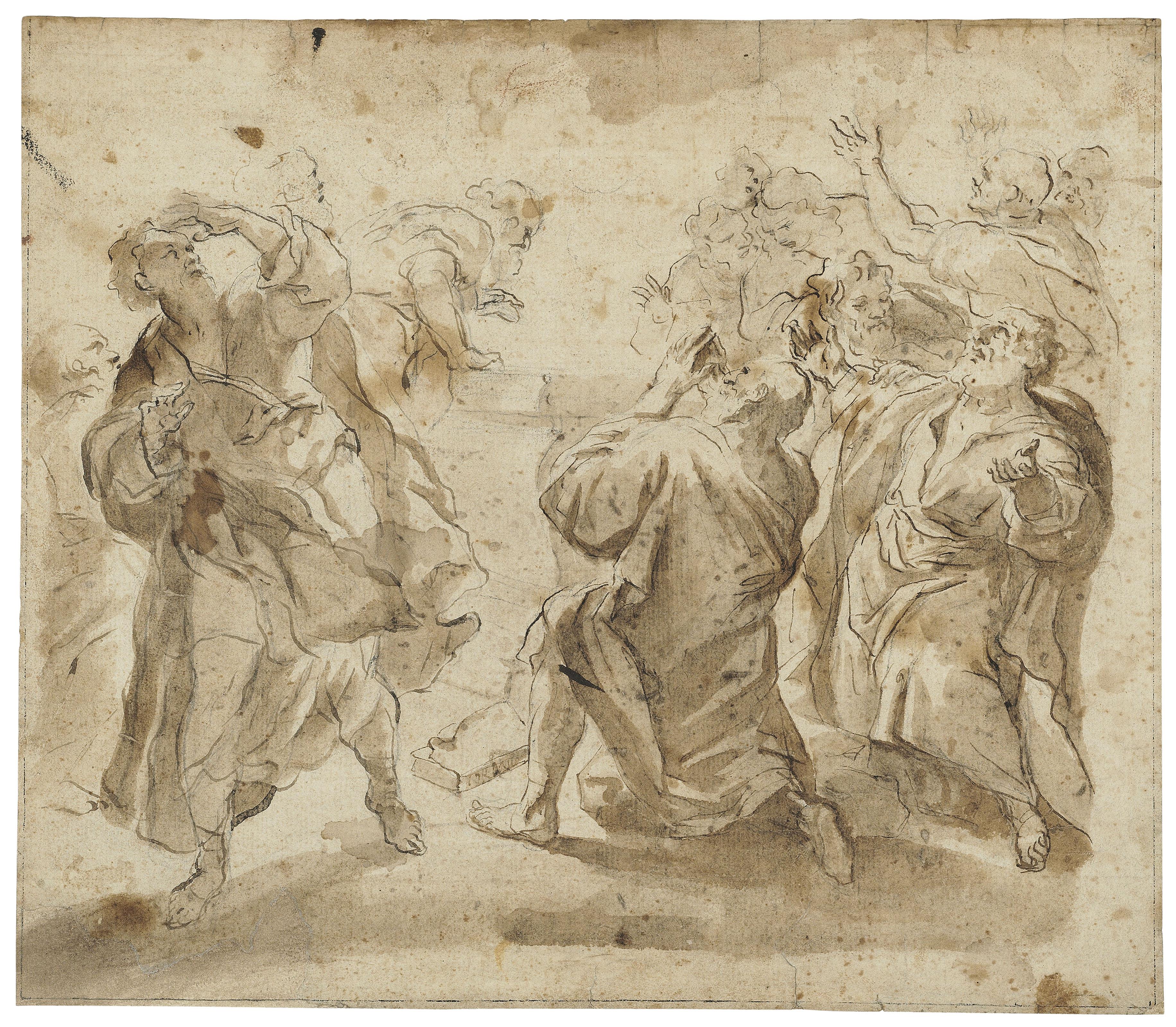 Luca Giordano - Study of the Apostles in an Assumption of the Virgin ( recto ); Head of a woman ( verso )