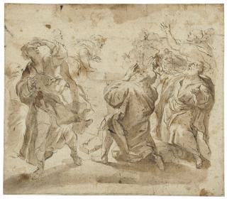 Luca Giordano - Study of the Apostles in an Assumption of the Virgin ( recto ); Head of a woman ( verso )