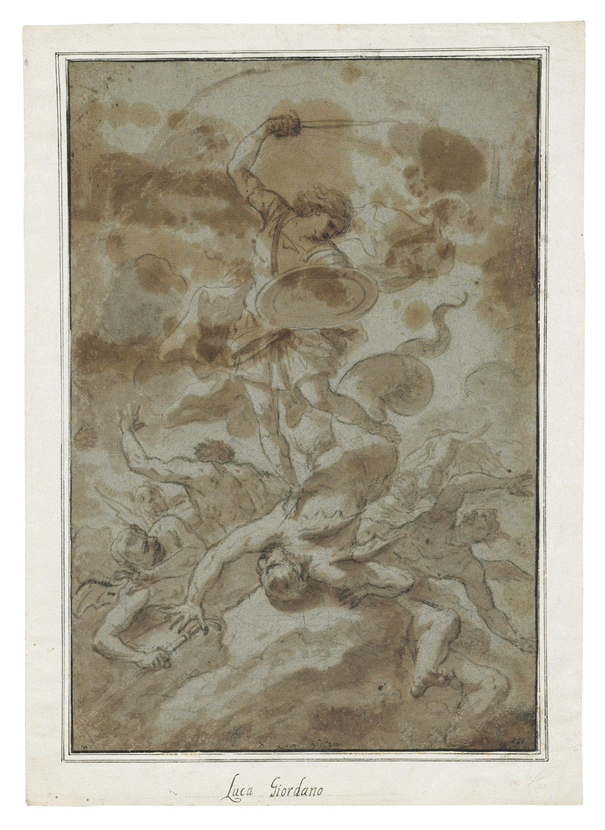 Luca Giordano - The Archangel Michael and the Rebel Angels (recto); Studies of architecture and a figure (verso)