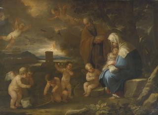 Luca Giordano - The Holy Family With Putti Making Birdcages In A Landscape