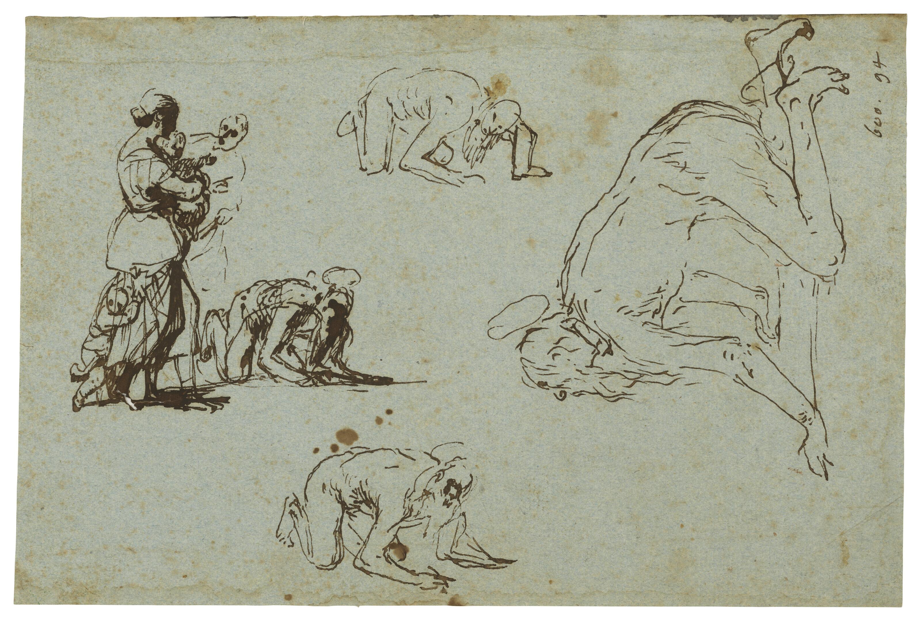 Luca Giordano - Un ermite pénitent (Saint Jean Chrysostome ?) et groupe de figures (recto) ; Moine portant un enfant (verso)