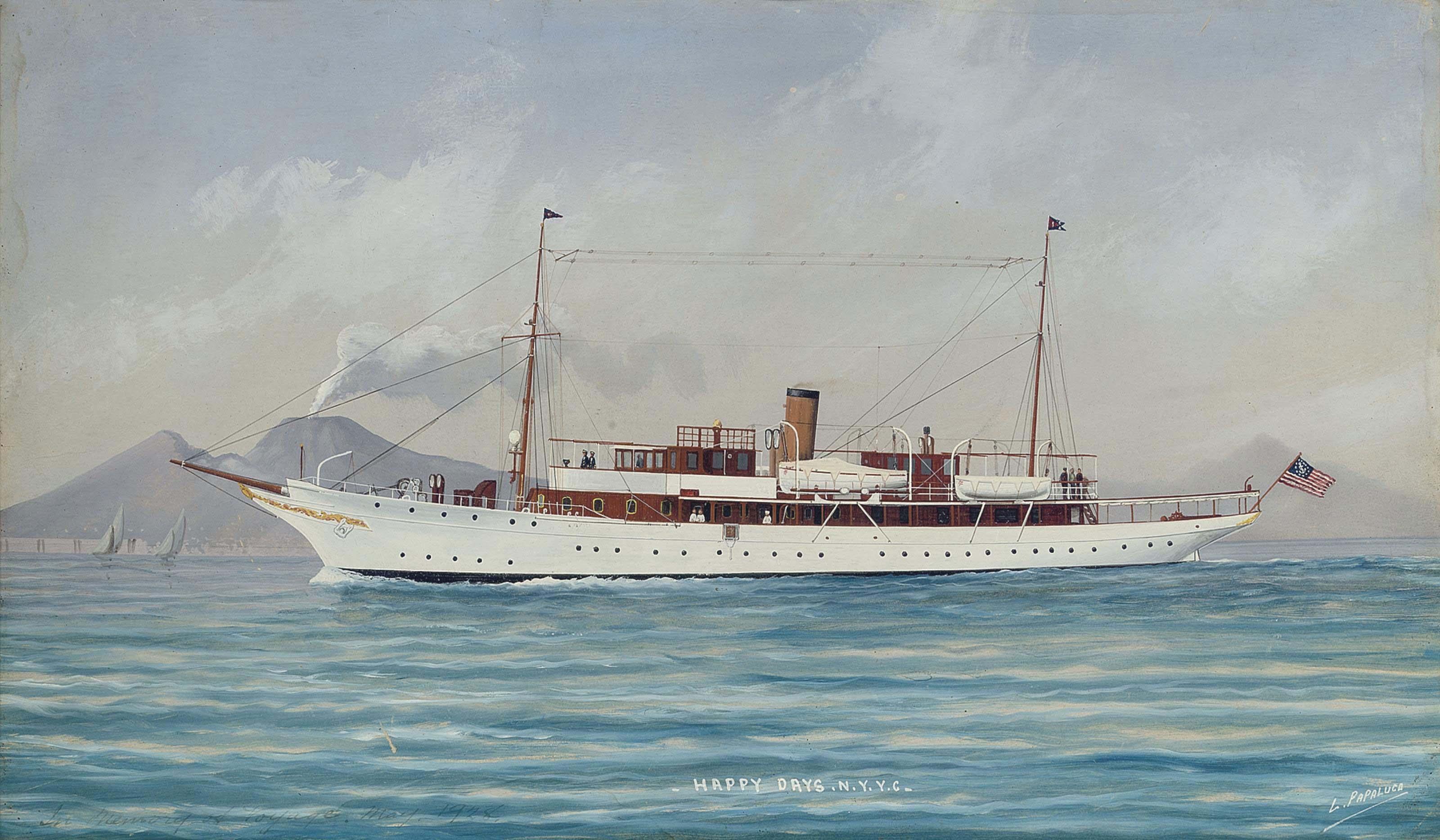 Luca Papaluca - The New York Yacht Club\'s steam yacht Happy Days in Mediterranean waters off Naples, 1928