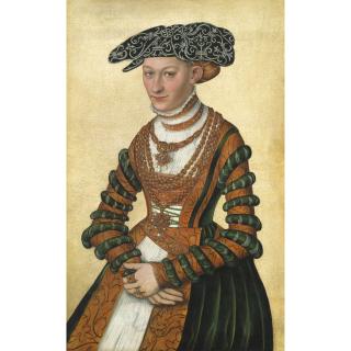 Lucas Cranach Ii - Portrait Of A Lady, Three-Quarter Length, In A Green Velvet And Orange Dress And A Pearl-Embroidered Black Hat