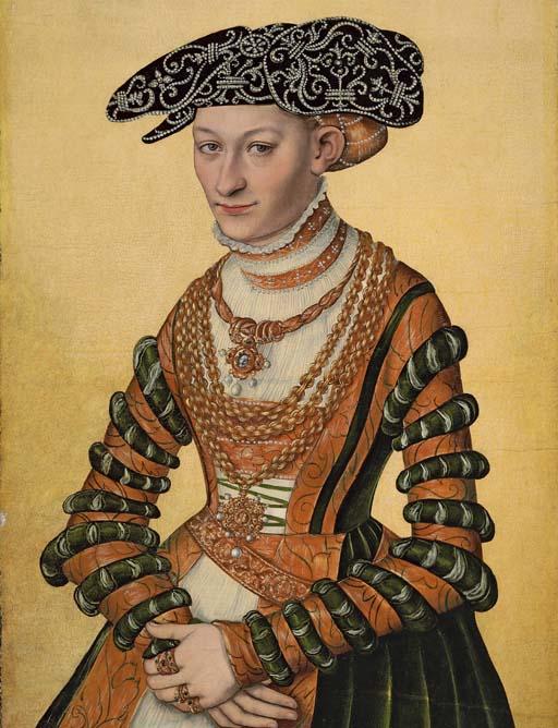 Lucas Cranach II - Portrait of a lady, three-quarter-length, in a green velvet and orange dress and a pearl-embroidered black hat