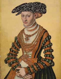 Lucas Cranach II - Portrait of a lady, three-quarter-length, in a green velvet and orange dress and a pearl-embroidered black hat