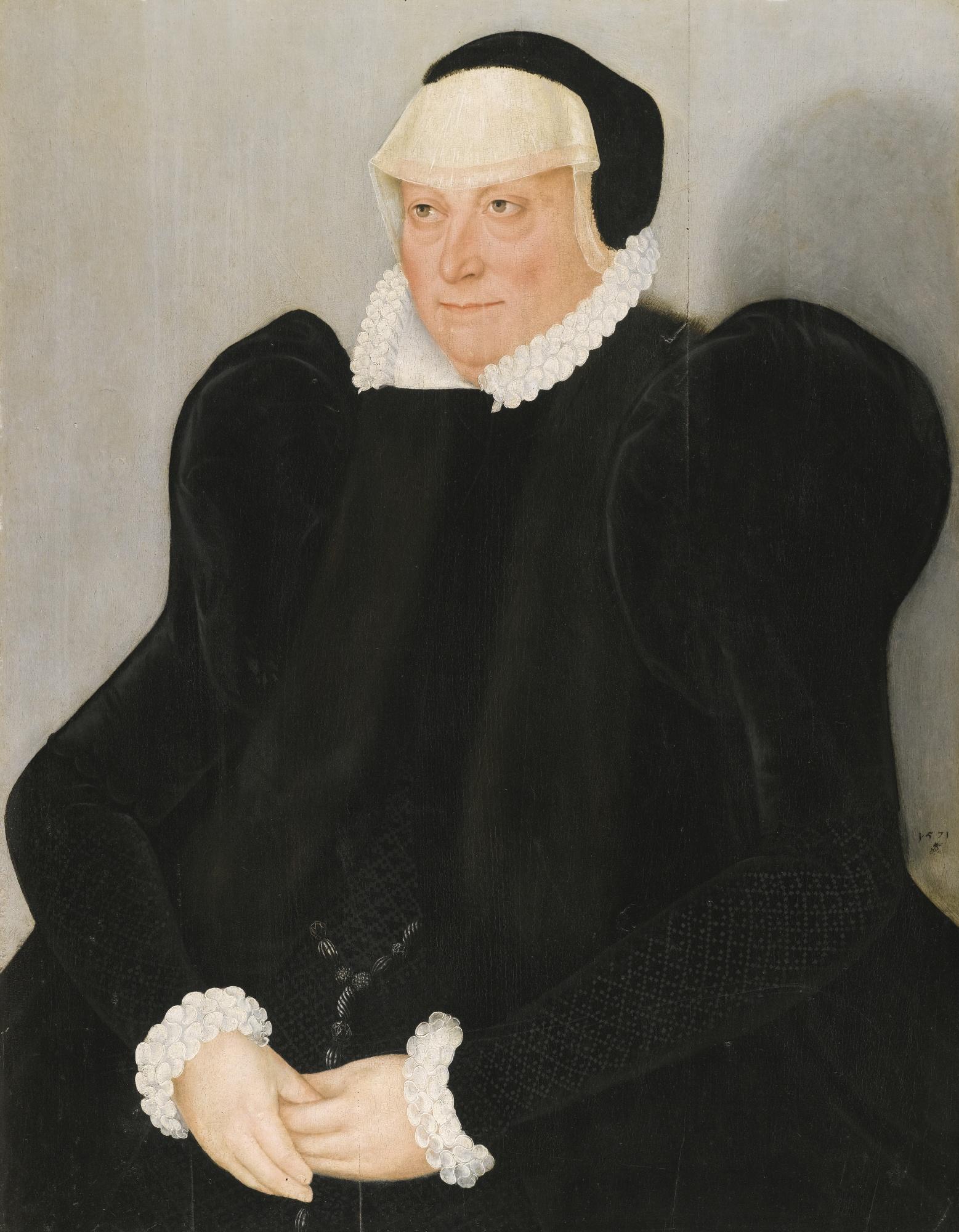 Lucas Cranach The Younger - Portrait Of A Lady, Half-Length, In A Black Dress With A White Lace Collar And Cuffs