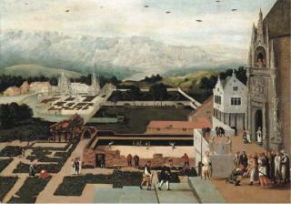 Lucas Gassel - The grounds of a Renaissance Palace with episodes from the story of David and Bathsheba, an extensive landscape beyond