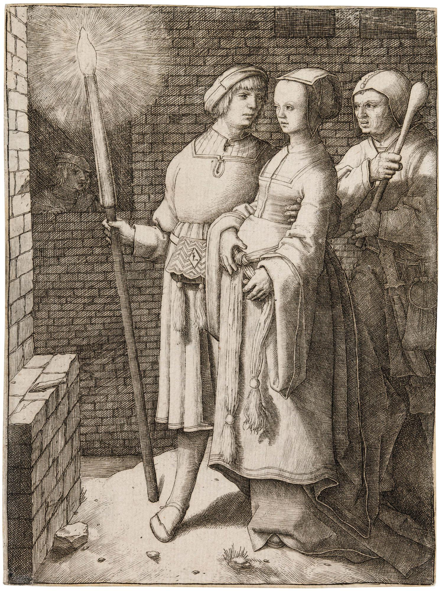 Lucas Van Leyden - A Man with a Torch and a Woman followed by a Fool