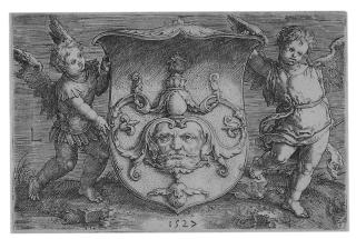 Lucas van Leyden - Wappen mit einer Maske, gehalten von zwei Genien.