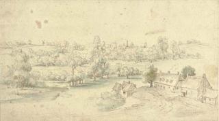 Lucas van Uden - A wooded landscape with houses on a track