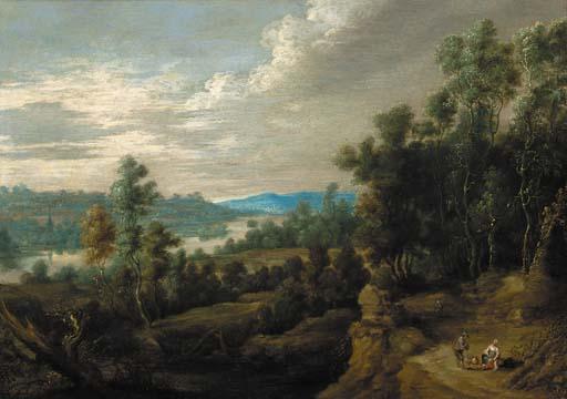 Lucas van Uden - A wooded landscape with peasants resting on a road, a river beyond