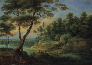 Lucas Van Uden - A wooded river landscape with peasants