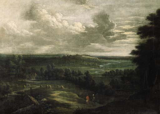 Lucas Van Uden - An extensive landscape in summer with an infantryman and a peasant conversing in the foreground
