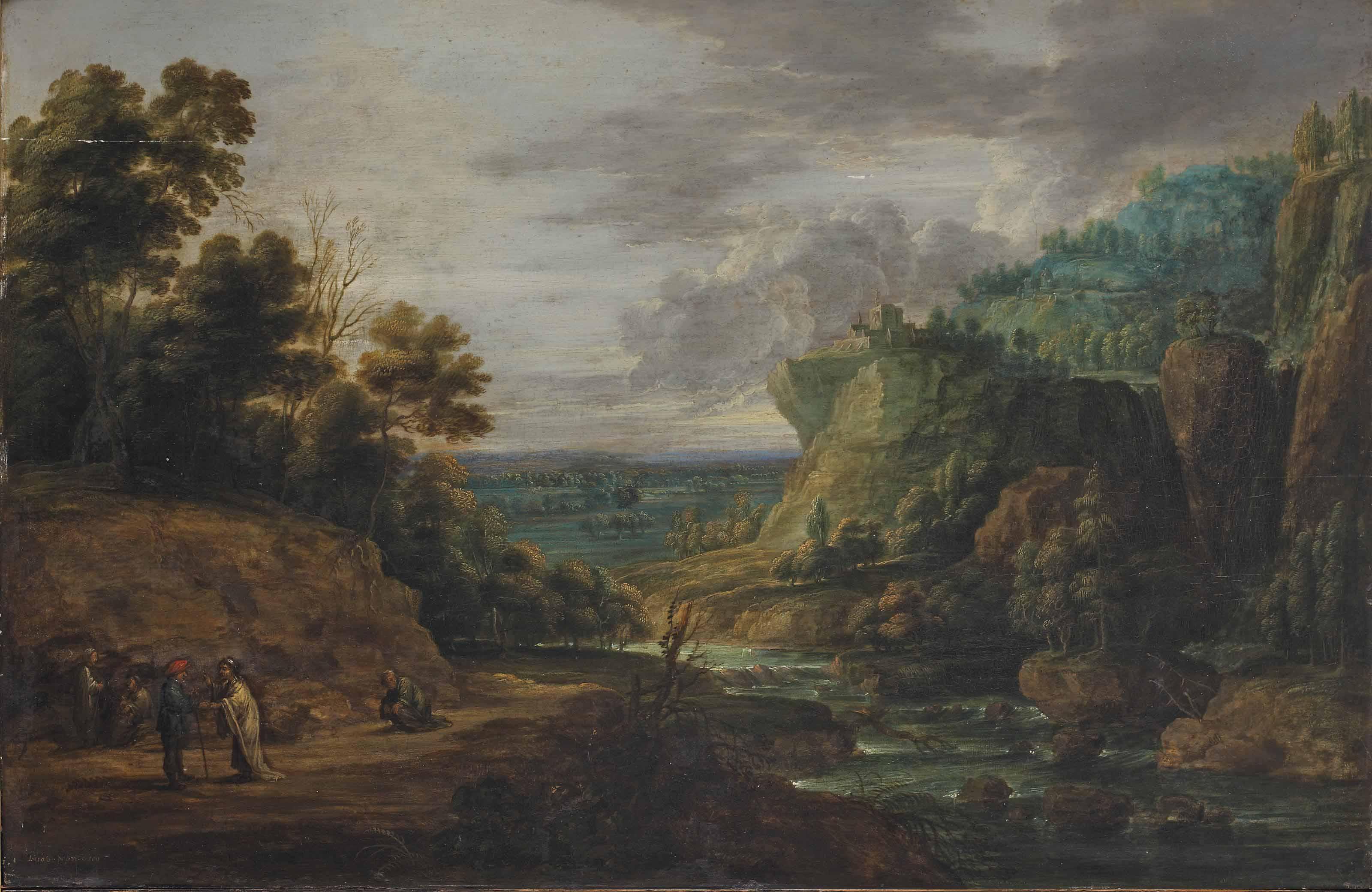 Lucas Van Uden - An extensive mountainous landscape with a fortune teller and other figures on a river bank