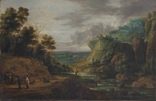 Lucas Van Uden - An extensive mountainous landscape with a fortune teller and other figures on a river bank