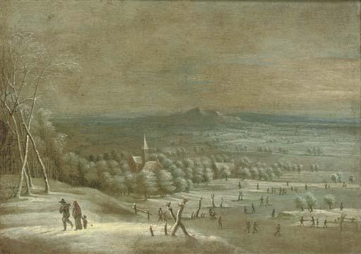 Lucas van Uden - An Extensive Winter Landscape With Travellers On A Path And Skaters On A Frozen Lake